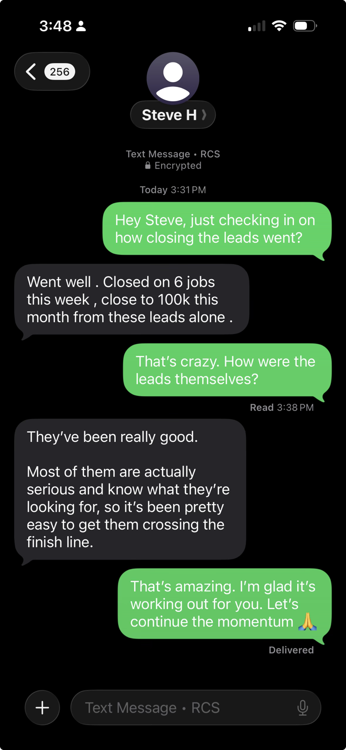 Text messages from Steve after his first month of leads